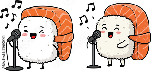 Cute Singing Sushi Cartoon Characters – Funny Salmon Nigiri with Microphones