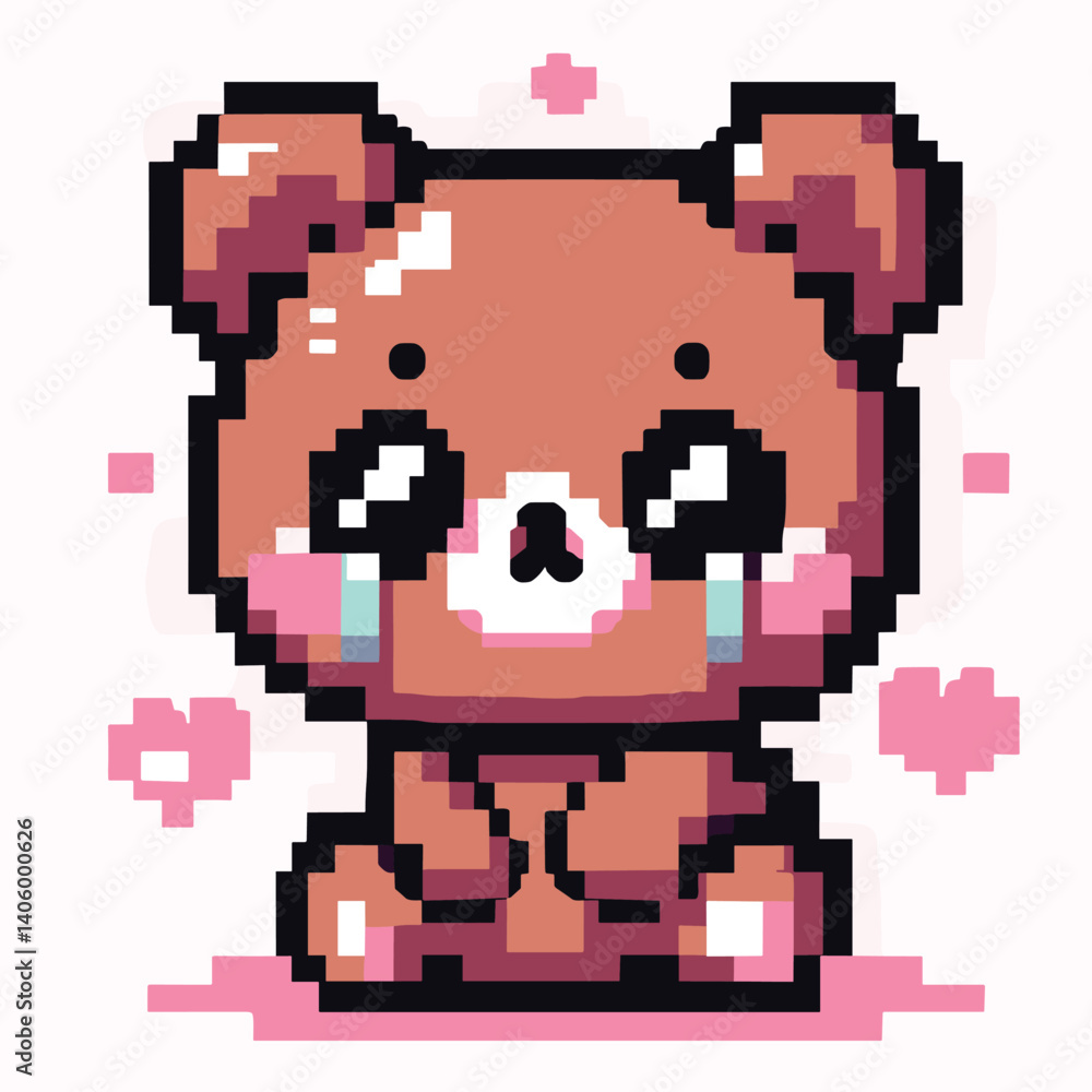 Fototapeta premium Cute Pixel Art Crying Bear with Pink Hearts