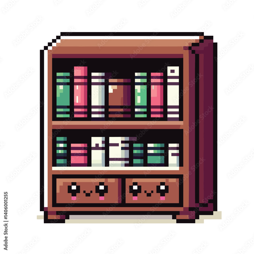 Pixel Art Bookshelf with Cute Characters and Colorful Books Pixel Art Bookshelf with Cute Characters and Colorful Books