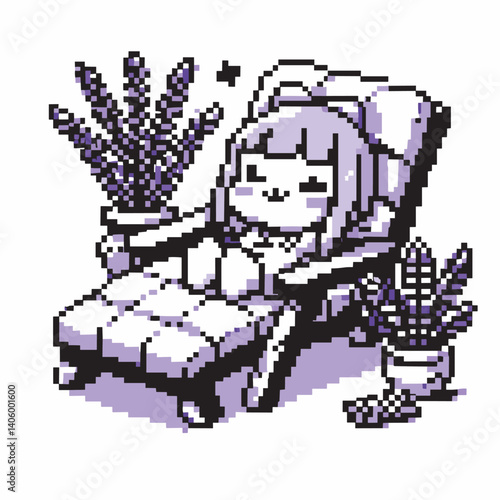 Relaxing Pixel Art Scene of Girl Lounging Among Plants