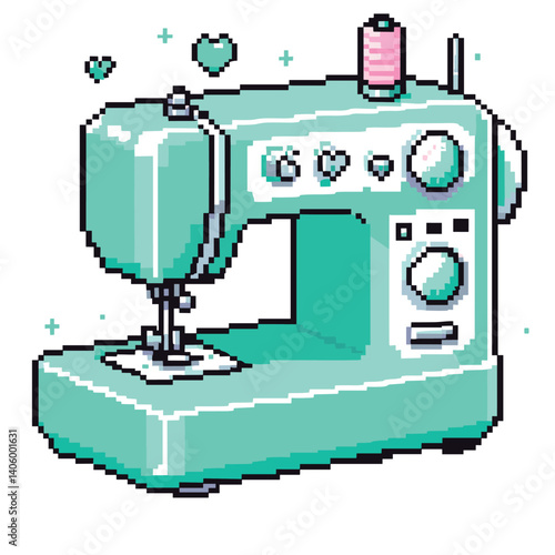 Pixel Art Sewing Machine Illustration with Heart Accents
