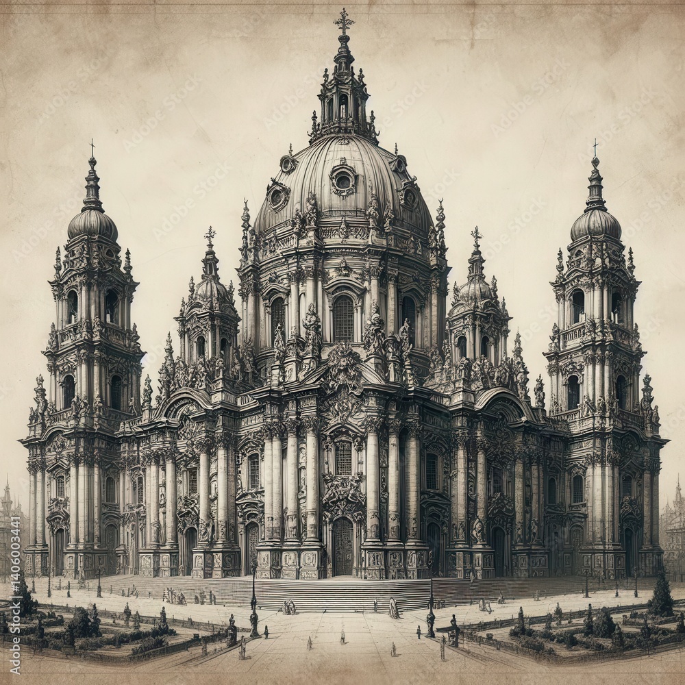 Cathedral Elevation with Baroque Symmetry and Flow Cathedral Elevation with Baroque Symmetry and Flow