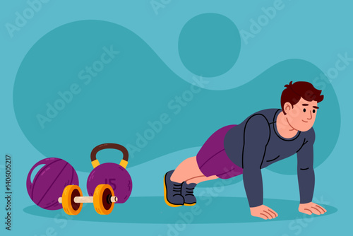 Man in plank position. Concept of core training, strength, and workout.