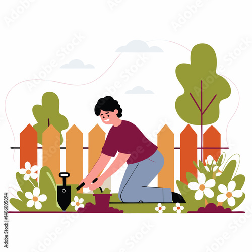 A person is engaged in gardening, using a trowel, with flowers, greenery, and a fence in the background. 