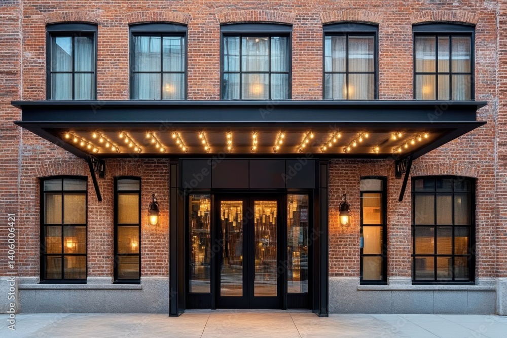 Elegant entrance of a historic brick building with modern design elements and warm lighting, located in a vibrant urban area during twilight hours Elegant entrance of a historic brick building with modern design elements and warm lighting, located in a vibrant urban area during twilight hours