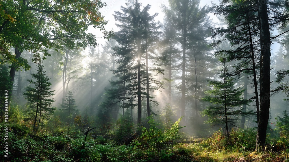 Fototapeta premium Ethereal forest panorama where soft early morning fog mingles beams of light over a mixed woodland of evergreens and deciduous trees