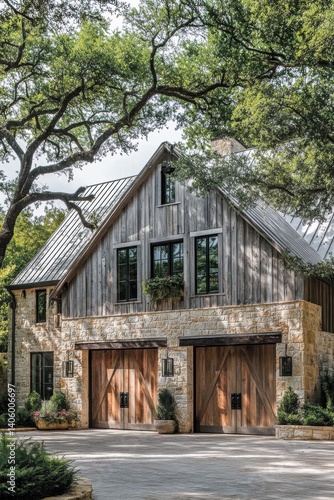 Beautifully designed rustic barn-style home with stone exterior and large wooden doors nestled among green trees in a serene setting during daylight