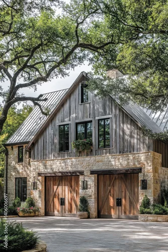 Obraz Beautifully designed rustic barn-style home with stone exterior and large wooden doors nestled among green trees in a serene setting during daylight