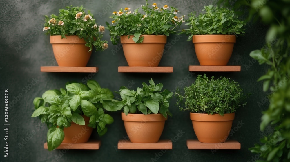 Vertical garden display with herb and flower pots in a cozy indoor setting Vertical garden display with herb and flower pots in a cozy indoor setting
