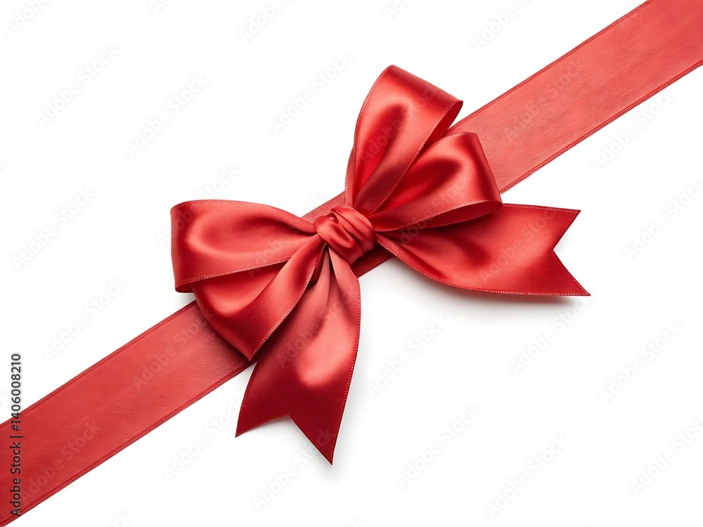 A red satin ribbon with a bow diagonally across a white background surface A red satin ribbon with a bow diagonally across a white background surface