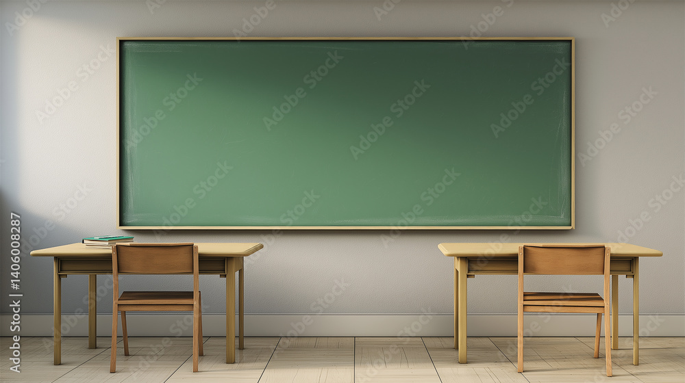 Empty classroom with two desks and a blank chalkboard ready for studying Empty classroom with two desks and a blank chalkboard ready for studying