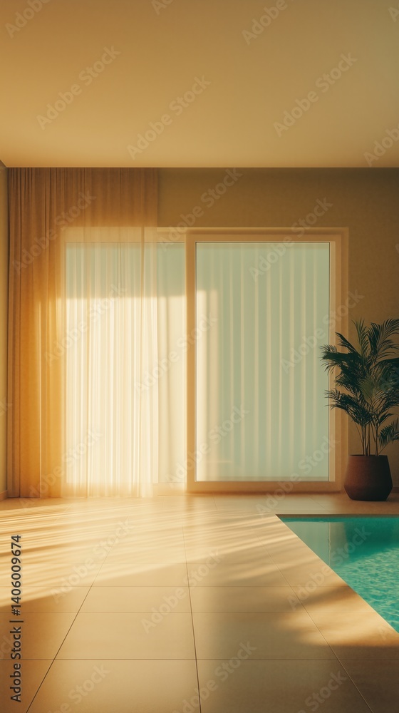 Fototapeta premium Bright and serene indoor space with natural light streaming through curtains near swimming pool