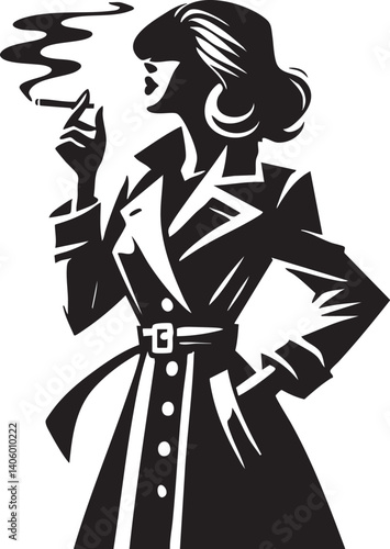 A stylish silhouette of a woman smoking in a trench coat, embodying vintage elegance and confidence.