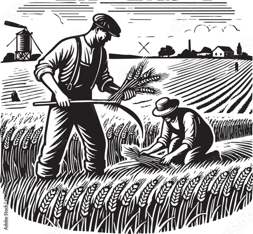 Two farmers harvesting wheat in a vintage countryside landscape with fields and a windmill.