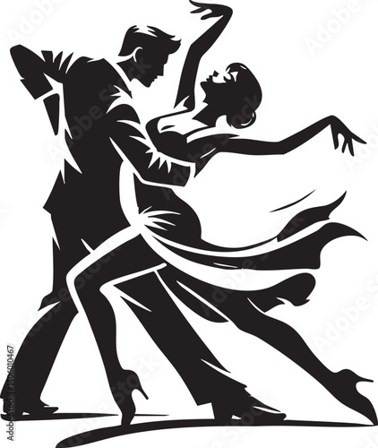 Stylized silhouette of a couple dancing passionately in an elegant ballroom style.