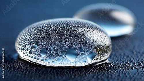 Transparent dew drops resting on textured blue surface in high contrast lighting creating close up macro effect with organic pattern for natural moisture wallpaper usage