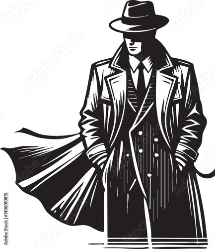 A stylish silhouette of a detective in a trench coat and hat exuding mystery and intrigue.