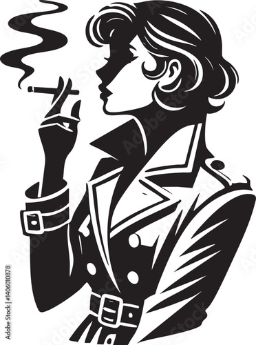 A stylish silhouette of a woman smoking in a trench coat, embodying vintage elegance and sophistication.