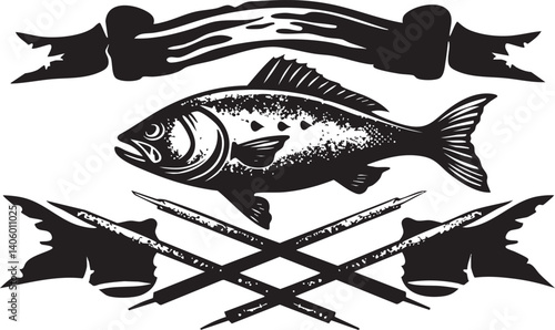 A vintage black and white illustration of a fish surrounded by fishing arrows and a banner.