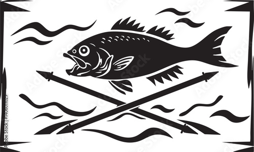 A stylized black and white illustration of a fish crossed with spears and waves.