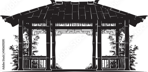 A detailed silhouette of a traditional Asian garden pavilion surrounded by bamboo and foliage.