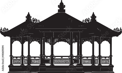 A decorative silhouette of a traditional pavilion or gazebo in an outdoor setting.