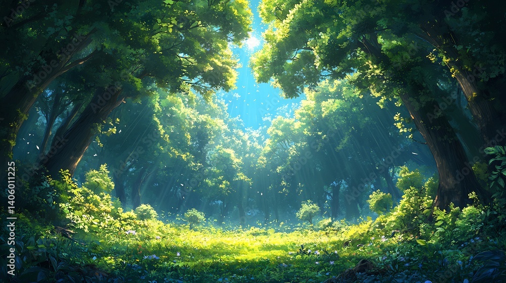 Fototapeta premium Enchanting forest under clear blue sky with a canopy of thick green leaves and scattered sunbeams creating a luminous vibrant background