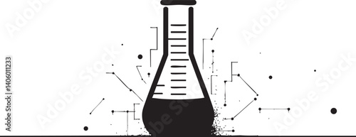 Abstract illustration of a laboratory flask with scientific elements representing research and chemistry.
