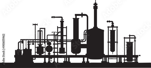 Silhouette of an industrial factory with various machinery and pipelines for manufacturing processes.