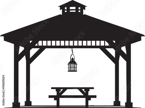 A silhouette of a gazebo with a lantern and table, perfect for outdoor relaxation.