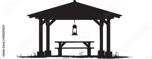 A silhouette of a gazebo with a bell and table in a tranquil outdoor setting.