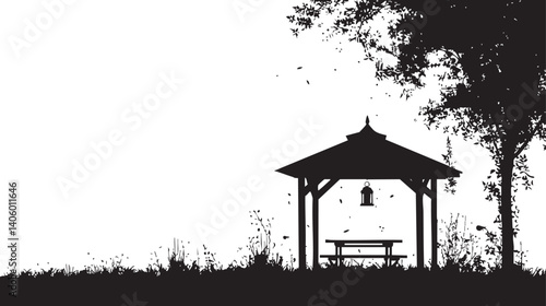 A serene silhouette of a gazebo surrounded by trees and grass in a tranquil outdoor setting.