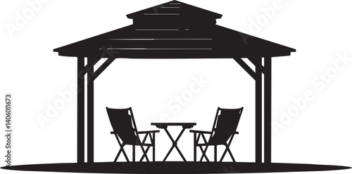 A silhouette of a gazebo with chairs and a table, perfect for outdoor relaxation.