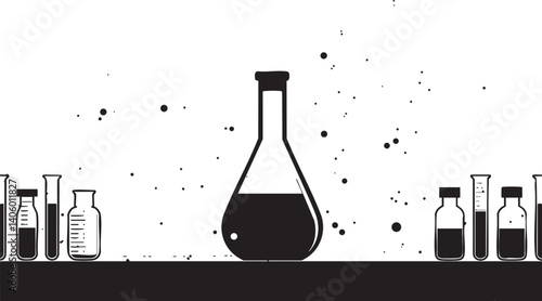Black and white illustration of laboratory equipment including flasks and test tubes on a table.