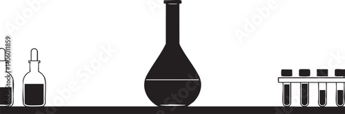Illustration of laboratory glassware including flasks and test tubes for scientific research.