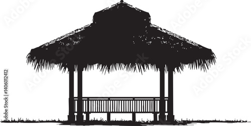 A silhouette of a thatched roof hut providing shade in a natural outdoor setting.