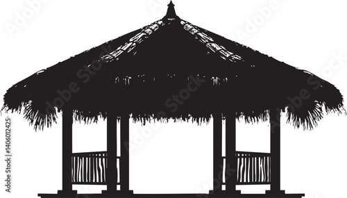 Silhouette of a tropical thatched roof hut perfect for beach relaxation and outdoor retreats.