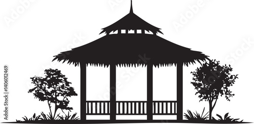 A silhouette of a traditional garden pavilion surrounded by trees and grass for relaxation.