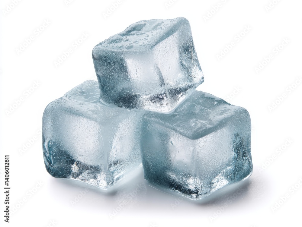 Three stacked ice cubes with visible melting edges and reflection on pale blue backdrop representing beverage chill minimal concept with soft lighting and icy detail texture Three stacked ice cubes with visible melting edges and reflection on pale blue backdrop representing beverage chill minimal concept with soft lighting and icy detail texture