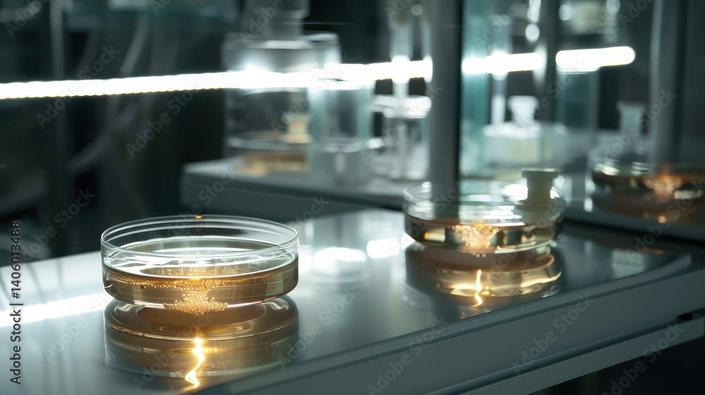 futuristic cosmetic lab creating synthetic skin for anti-aging, glowing skin samples in petri dishes, sterile beauty lab, elegant minimalism, close-up details futuristic cosmetic lab creating synthetic skin for anti-aging, glowing skin samples in petri dishes, sterile beauty lab, elegant minimalism, close-up details