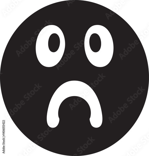 A simple black and white sad emoji illustrating a negative emotion or feeling.