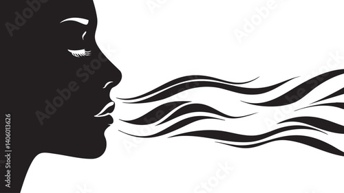 Artistic silhouette of a woman exhaling breath with flowing lines representing movement and elegance.