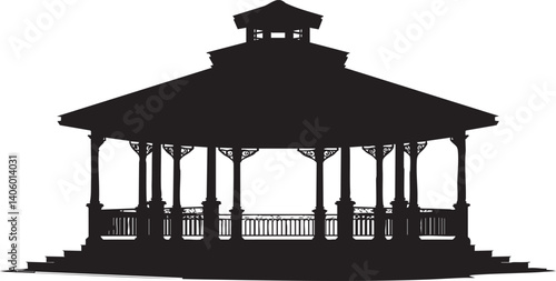 A detailed silhouette of a gazebo showcasing its architectural features and outdoor setting.