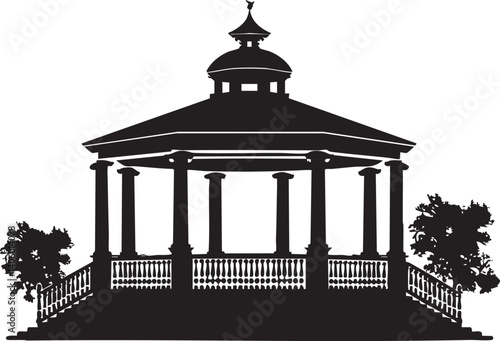 A silhouette of a traditional gazebo with columns and a decorative roof in a garden setting.