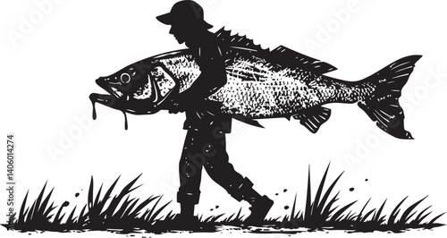 A silhouette of an angler carrying a large fish through grassy terrain in a natural setting.