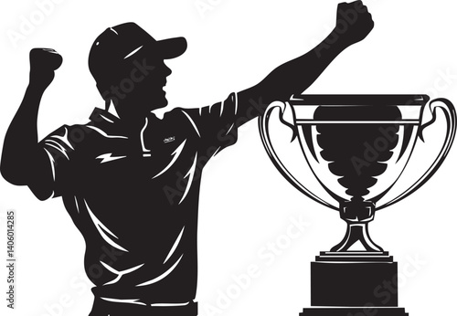 A silhouette of a triumphant athlete celebrating with a trophy after winning a competition.