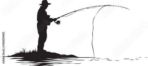 Silhouette of a fisherman casting a line into the water at sunset or sunrise.