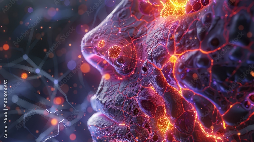 Fototapeta premium molecular visualization of skin regeneration, synthetic collagen and elastin fibers bonding to facial tissue, glowing biomaterials