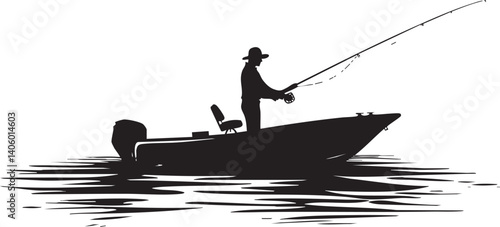A silhouette of a fisherman casting a line from a boat on tranquil water.