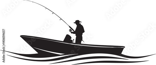 A silhouette of a fisherman casting a line from a boat on tranquil waters